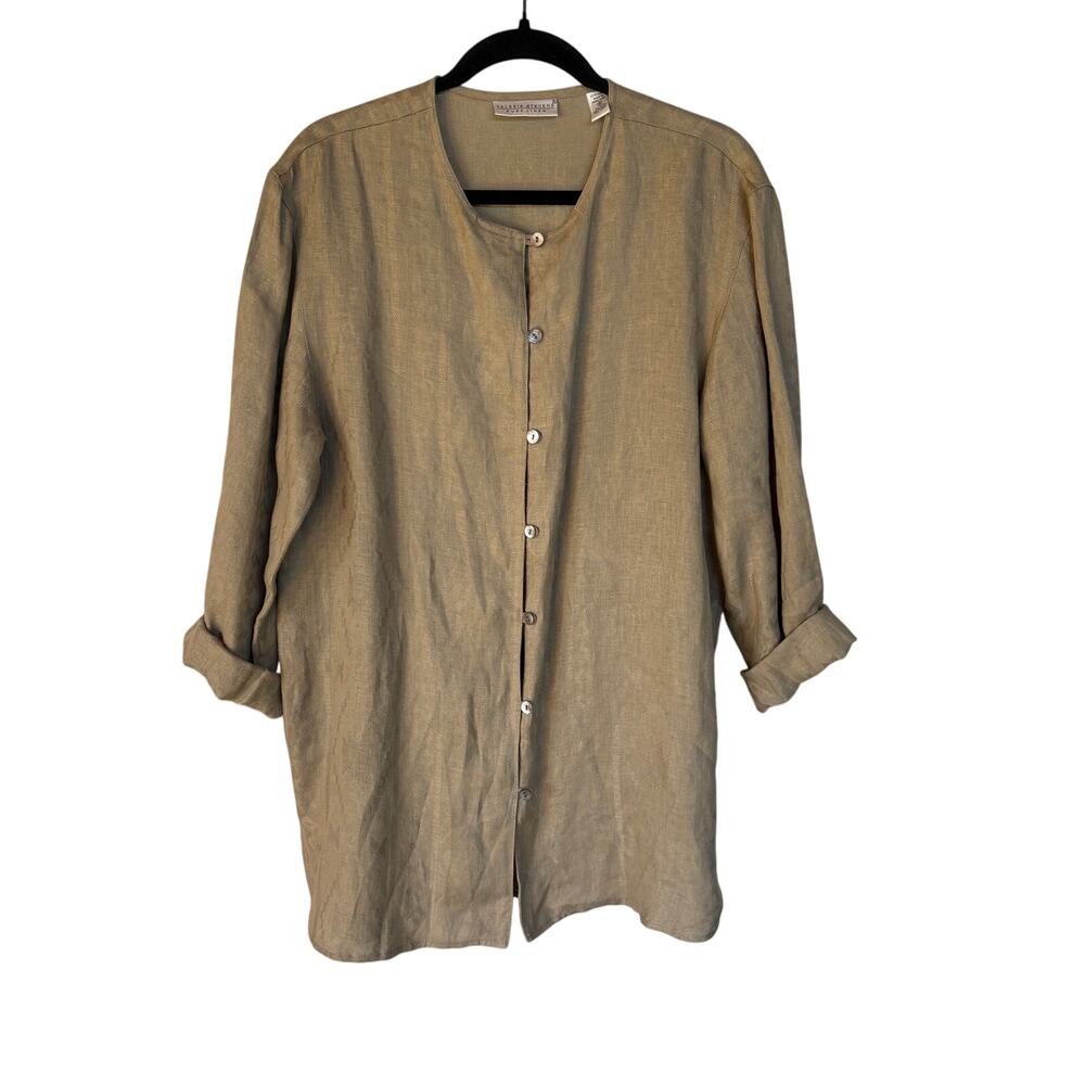Vtg 90s Linen Southwestern Tunic Top Tan Western Summer Lagen Look Size 6